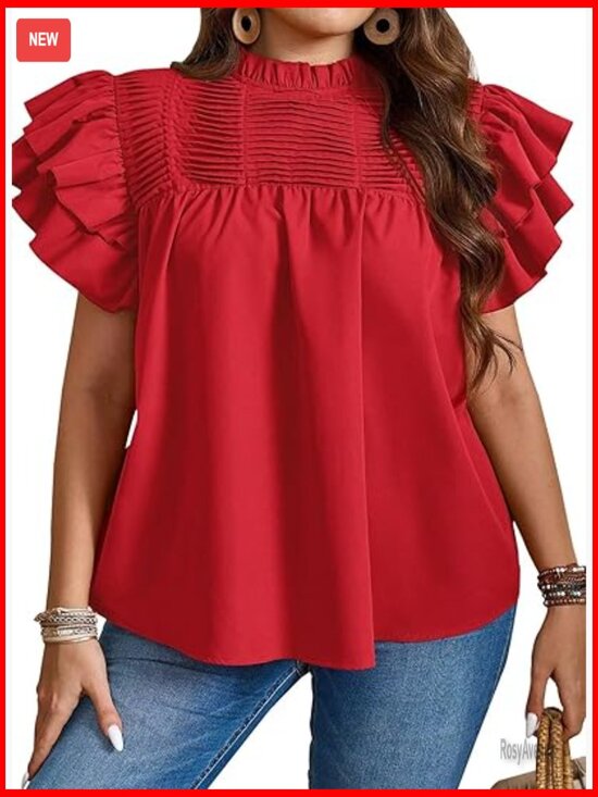 Tops - Women Summer Tops Plus Size Ruffle Sleeve Blouses Mock Neck Pleated Tunic Loose